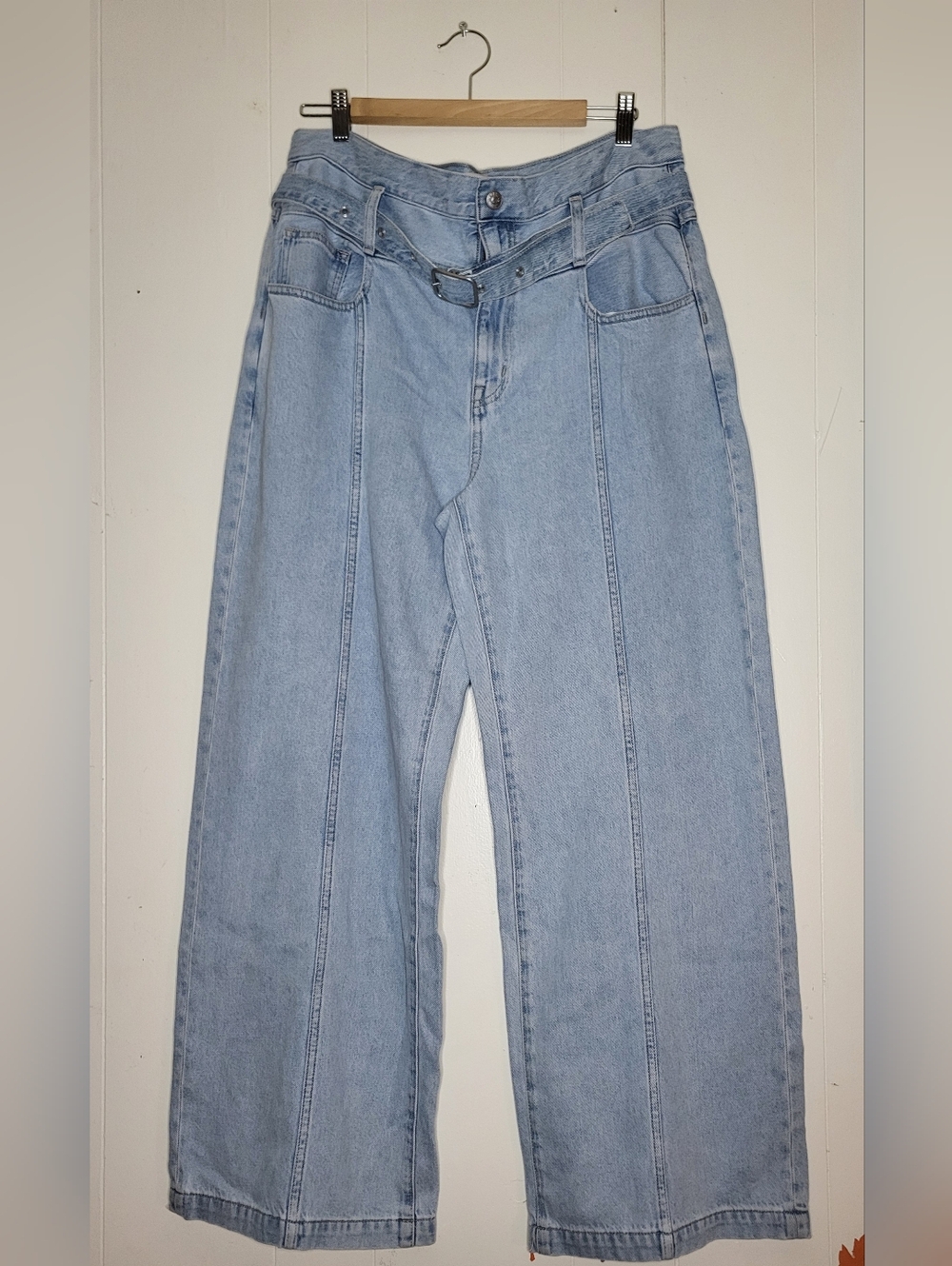 Madewell Light Blue High-Rise Wide Leg Jeans with Belt Detail